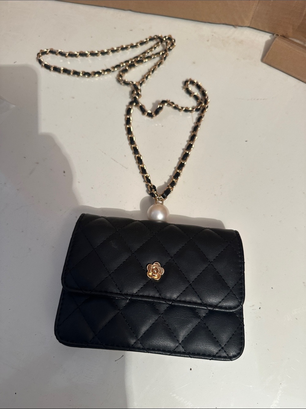 Source Unknown Black Quilted Crossbody with Gold Chain and Pearl Charm